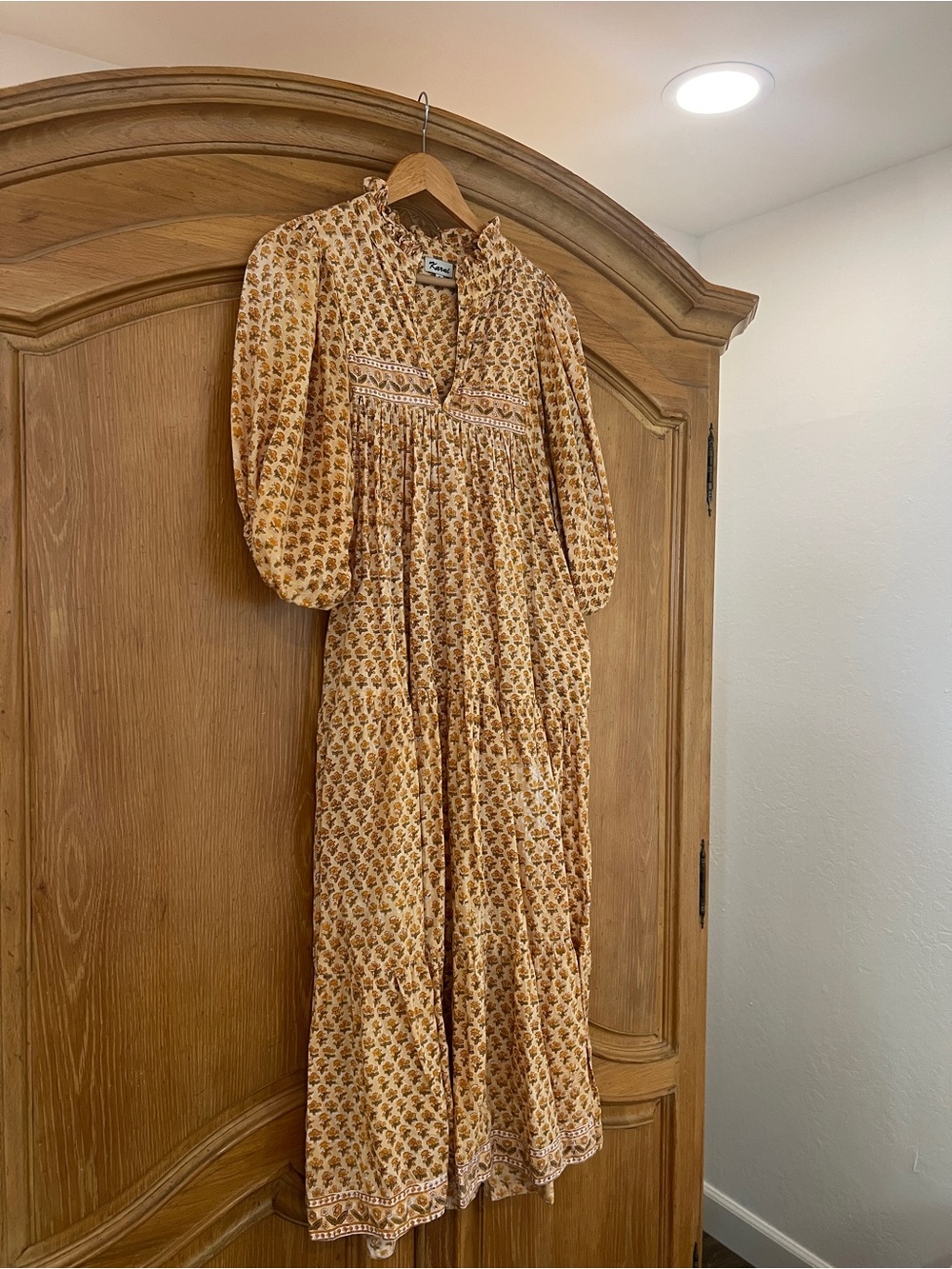 100% Cotton Hand Block Print Boho Floral Tiered Maxi Dress - Yellow - Picture 3 of 8